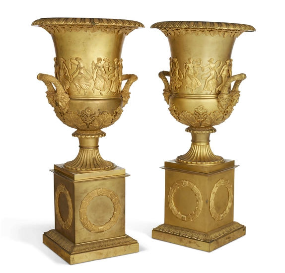 A PAIR OF FRENCH ORMOLU URNS 20TH CENTURY