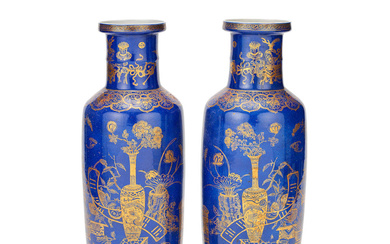 A PAIR OF GILT-DECORATED POWDER BLUE ROULEAU VASES 19th century