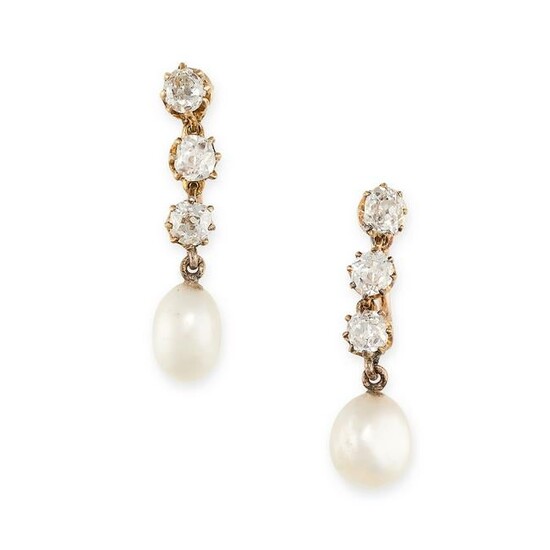 A PAIR OF NATURAL PEARL AND DIAMOND EARRINGS in yellow