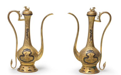 A PAIR OF SAWASA TYPE PARCEL GILT-BRONZE EWERS AND COVERS...