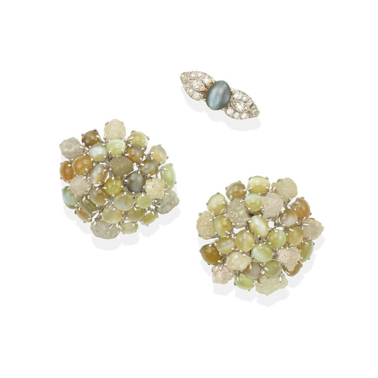 A PAIR OF WHITE GOLD, GEM-SET AND DIAMOND EARRINGS AND...