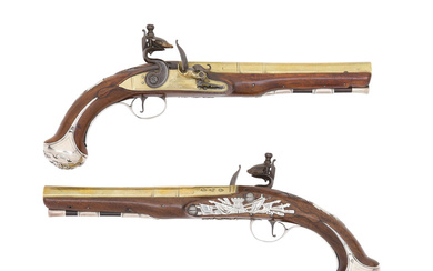 A Pair Of 20-Bore Flintlock Silver-Mounted Pistols With Brass Barrels...