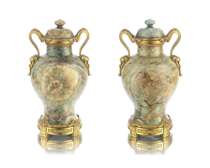 A Pair of 19th century French gilt bronze and green 'Spath-Fluor' fluorite garniture vases and covers