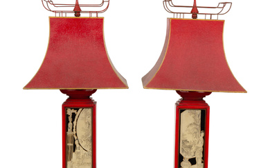 A Pair of Chinese Style Reverse-Decorated Glass and Red-Painted Table Lamps