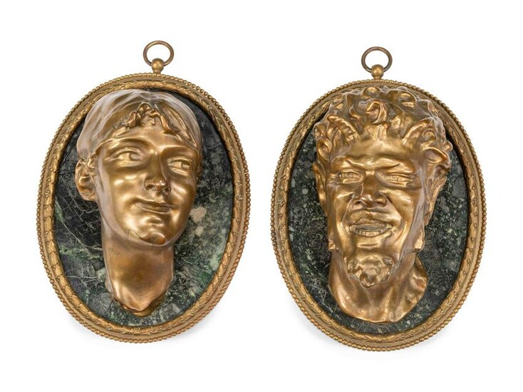 A Pair of French Gilt Bronze and Marble Relief Plaques