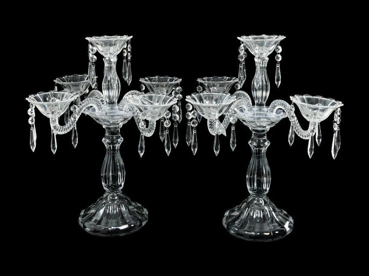 A Pair of French Molded Glass Five-Light Candelabra