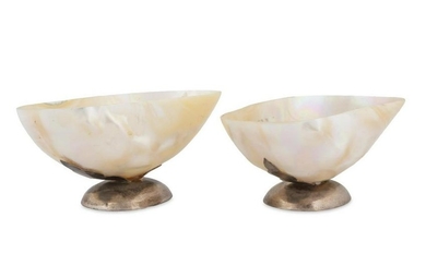 A Pair of Italian Silver Mounted Shell Salts Height 2