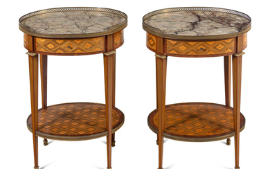 A Pair of Louis XVI Style Marquetry Marble-Top Side Tables