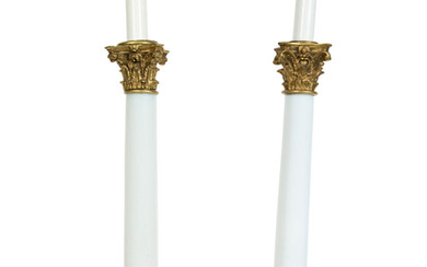 A Pair of White Opaline Glass and Gilt Metal Mounted Neoclassical Column-Form Table Lamps