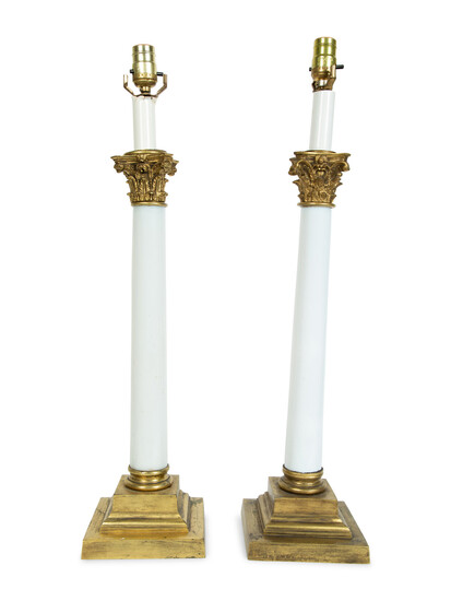 A Pair of White Opaline Glass and Gilt Metal Mounted Neoclassical Column-Form Table Lamps