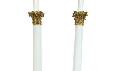 A Pair of White Opaline Glass and Gilt Metal Mounted