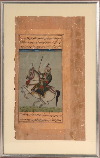 A Persian bookpage later decorated with miniature in colours and gold depicting af Mughal stile equestrian. 19/20th century. Page size 32×18 cm.