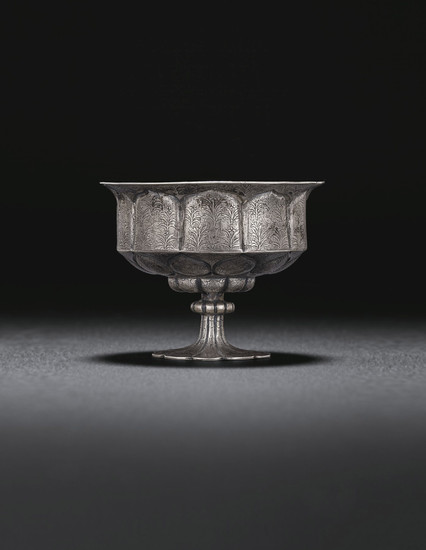 A RARE SILVER PETAL-LOBED STEM CUP, TANG DYNASTY (AD 618-907)