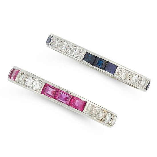 A RUBY AND DIAMOND ETERNITY RING, AND A SAPPHIRE AND
