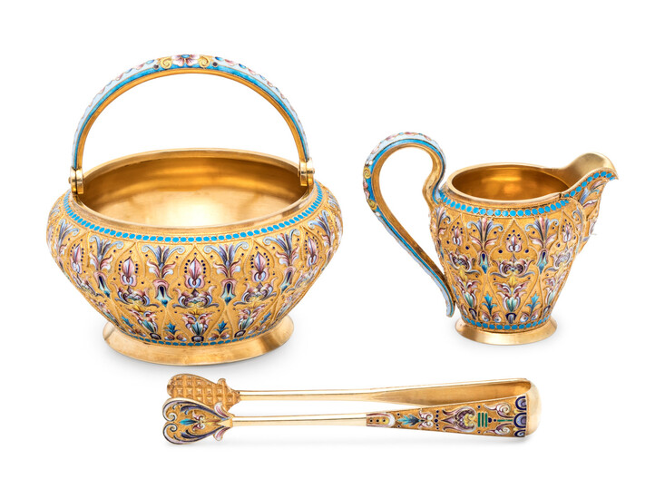 A Russian Silver-Gilt and Shaded Enamel Creamer and Sugar Set