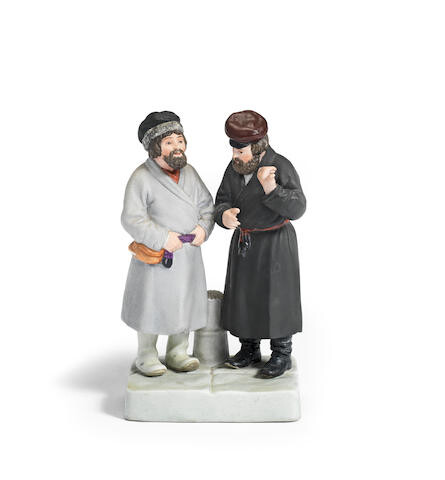 A Russian biscuit porcelain group of two men, Moscow, Gardner's factory, late 19th century