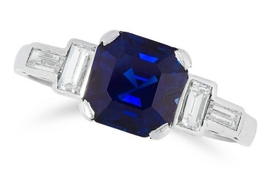 A SAPPHIRE AND DIAMOND RING set with an emerald cut
