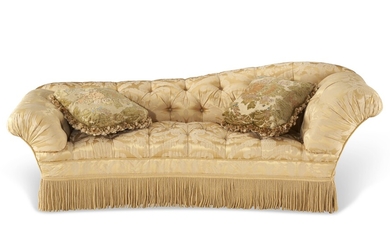 A SATIN DAMASK UPHOLSTERED CHAISE LONGUE