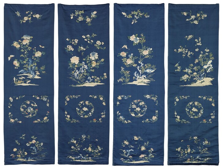 A SET OF FOUR BLUE-GROUND SILK EMBROIDERED CHAIR COVERS, 19TH CENTURY