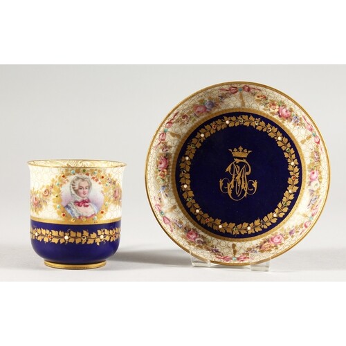 A SEVRES CRESTED RICH BLUE CUP AND SAUCER. Sevres mark in bl...