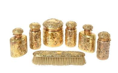 A Set of Six Victorian Silver-Gilt Dressing-Table Bottles or Jars by Samuel Summers Drew and Ernest Drew, London, 1893