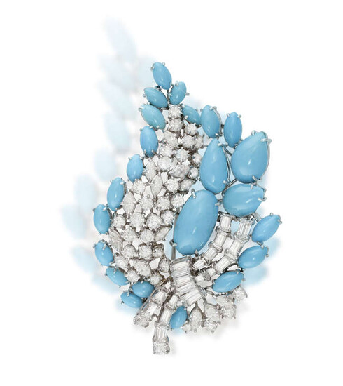 A TURQUOISE AND DIAMOND BROOCH, CIRCA 1960 Of...