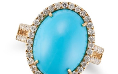 A TURQUOISE AND DIAMOND RING set with an oval cabochon turquoise in a border of round cut diamonds