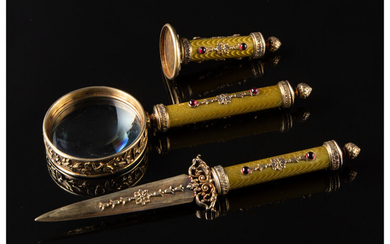 A Three-Piece Gilt Silver, Guilloché Enamel, Diamond, and Cabochon-Mounted Desk Set in the Manner of Fabergé (late 20th century)