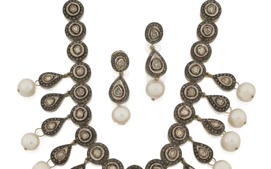 A Turkish diamond and cultured pearl necklace and earrings, designed...