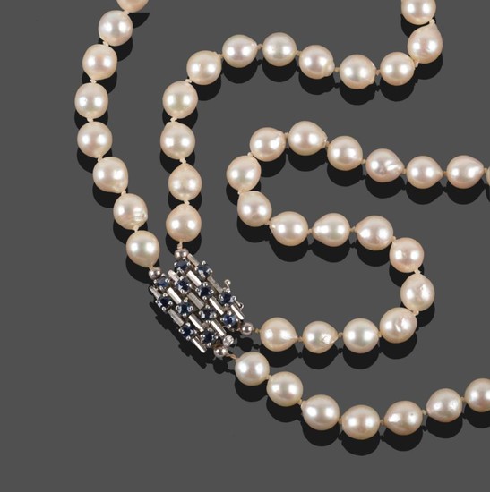 A Two Row Cultured Pearl Necklace, the 45:49 pearls knotted...