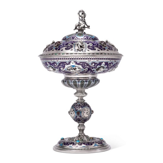 A VICTORIAN SILVER, ENAMEL, AND HARDTSTONE CUP AND COVER, ELKINGTON & CO., BIRMINGHAM, 1863