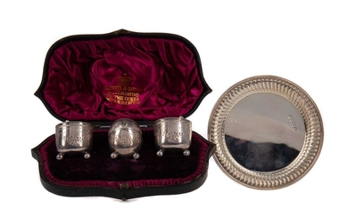 A VICTORIAN SILVER MUFFINEER SET, ALONG WITH A PIN DISH