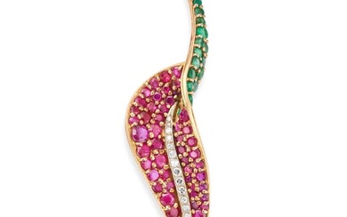 A VINTAGE FRENCH, RUBY EMERALD AND DIAMOND BROOCH in 18ct yellow gold, designed as a leaf set with