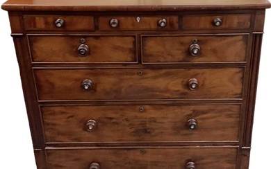 A Victorian mahogany chest of three cushion drawers over two...