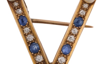 A Victorian sapphire pearl and diamond initial V brooch, app...