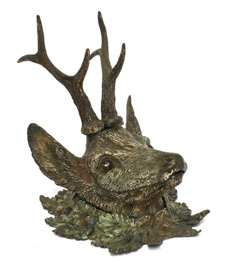 A Viennese cold painted bronze stag's head inkwell