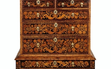 A WILLIAM AND MARY WALNUT, OYSTER VENEERED AND FLORAL MARQUETRY INLAID CHEST ON STAND, CIRCA 1695