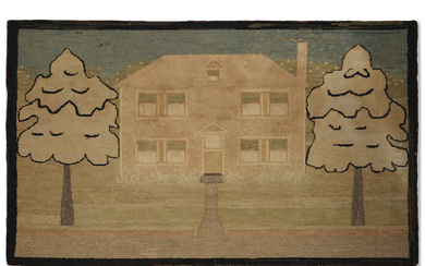 A WOOL HOOKED RUG DEPICTING A HOUSE AND TREES, AMERICAN, LATE 19TH/ EARLY 20TH CENTURY