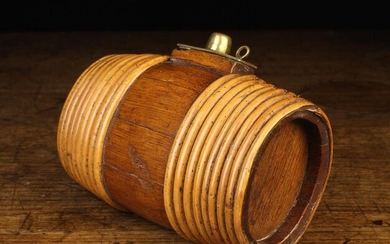 A Willow Bound Oak Spirit Flask of oval staved barrel form with inset oak ends, the top with two sus
