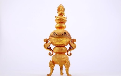 A Wonderful Gilt-Bronze 'Scrolling Lotus& Auspicious Beast' Tripod Censer