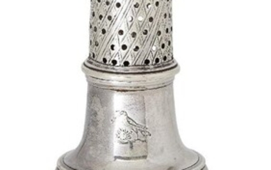 A baluster-shaped silver caster by Hester Bateman, London, c.1785, the pierced cap mounted with acorn finial and the plain body raised on a circular foot and engraved with bird crest, 14.6cm high, approx. weight 2.6oz