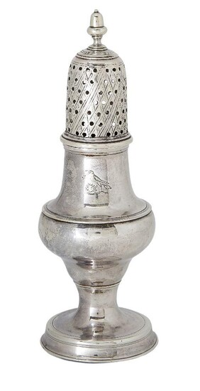 A baluster-shaped silver caster by Hester Bateman, London, c.1785, the pierced cap mounted with acorn finial and the plain body raised on a circular foot and engraved with bird crest, 14.6cm high, approx. weight 2.6oz
