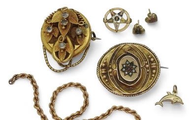 A collection of gold and yellow metal to include two Victori...