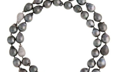A cultured pearl and diamond necklace, composed of 45 grey baroque cultured pearls each measuring approximately 15mm, to a pair of clasps pave-set with brilliant-cut diamonds, length 99cm, detachable into two necklaces length 55cm and 45cm