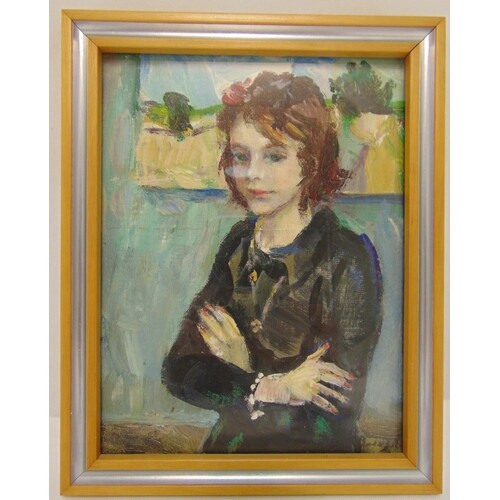 A framed and glazed oil on panel of a young lady, signed bot...
