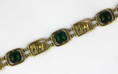 A gold and dyed green agate bracelet, designed as a...