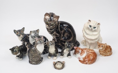 A group of ceramic cats by Studio Six of Fulham, to include; a large glazed seated cat titled Lulu, 29.5cm high, a ginger cat, another seated cat titled Tabby, and others, all with hand-painted signatures to bases, 'A. Short, design by Seneshall'...