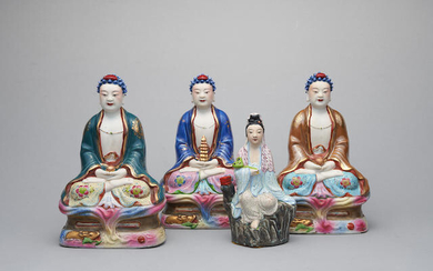 A group of famille-rose figures of Trikaya Buddha and Guanyin