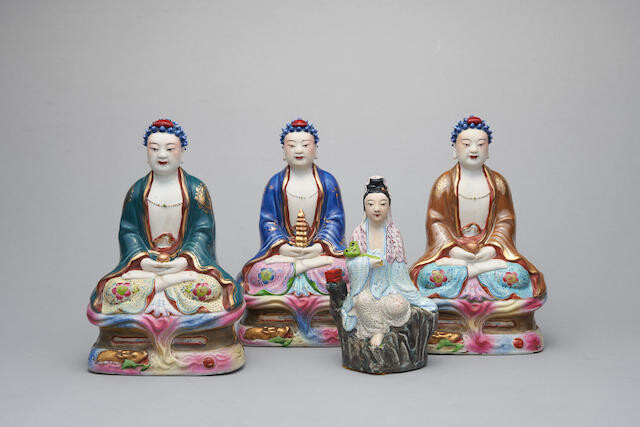 A group of famille-rose figures of Trikaya Buddha and Guanyin