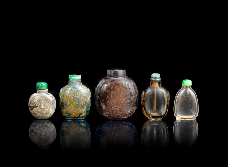 A group of five agate and rock crystal snuff bottles